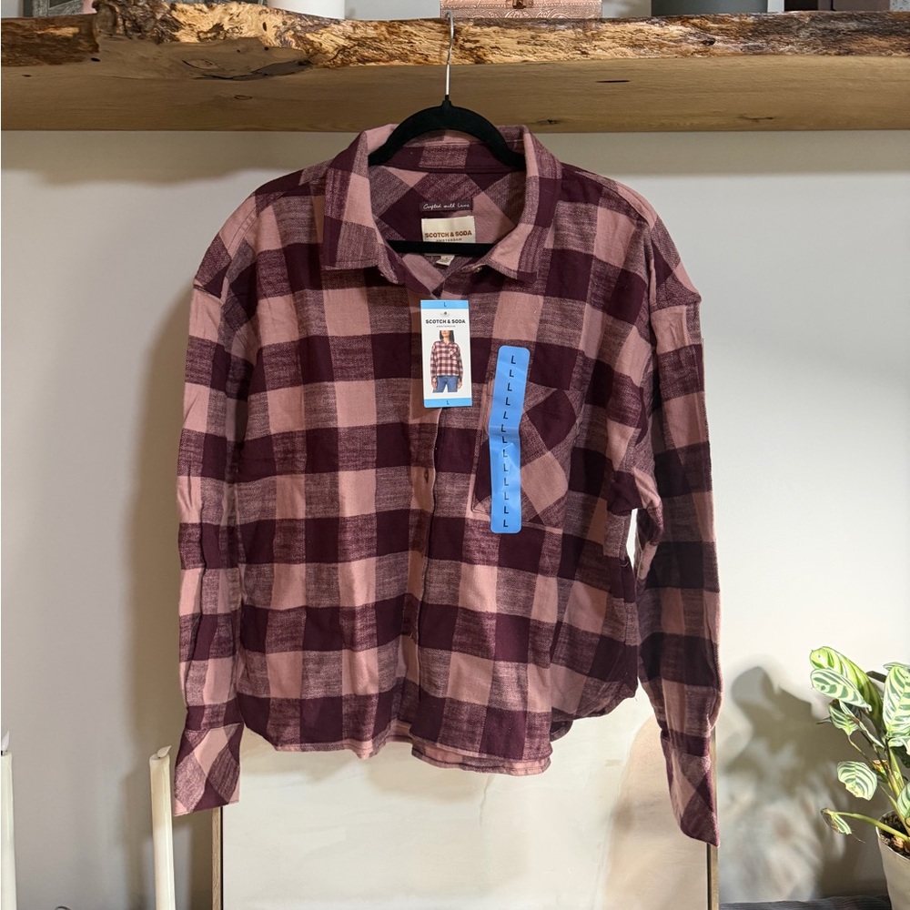 NWT Scotch & Soda Burgundy and Pink Plaid Flannel Long Sleeve Button Down Shirt